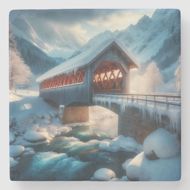 Winter, överbron och flod täckt av snö stenunderlägg (Framsidan)
