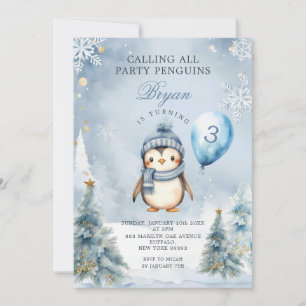 Winter Party Penguin Blå jul 3:e födelsedagen Inbjudningar