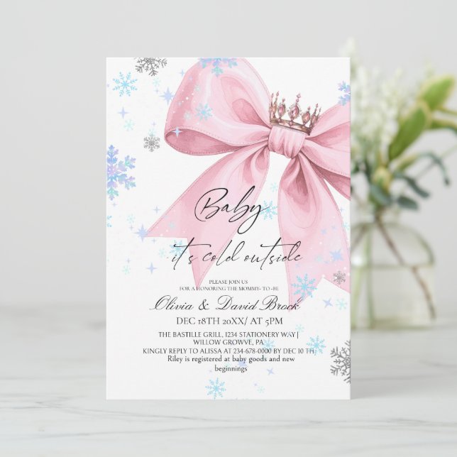 Winter Pastel Pink Bow Baby Shower Inbjudningar (Stående Fram)