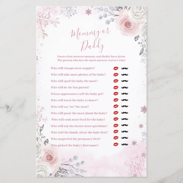 Winter Pastel Pink Snowflake Mommy or Daddy Game (Framsida)