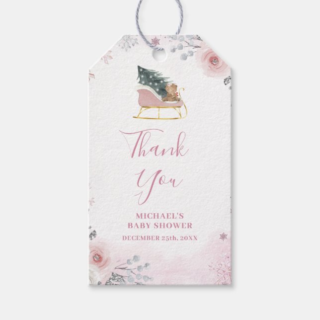 Winter Pastel Pink Snowflake Sleigh Baby Shower Presentetikett (Framsidan)