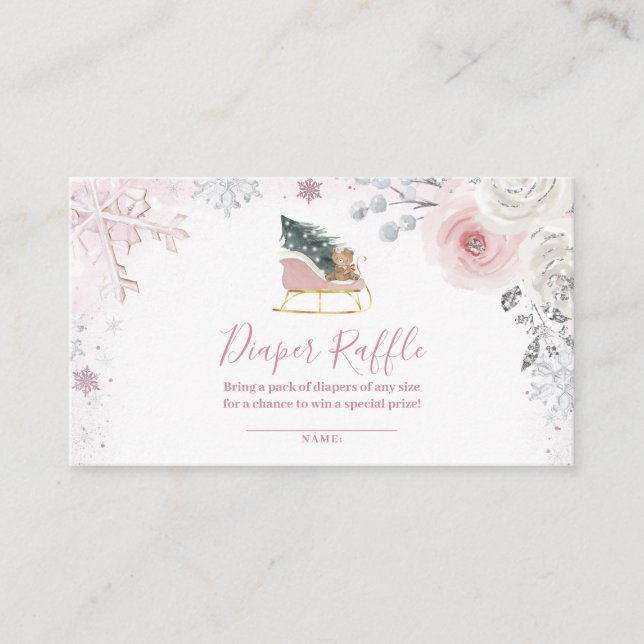 Winter Pastel Pink Snowflake Sleigh Diaper Raffle Tilläggskort (Framsida)
