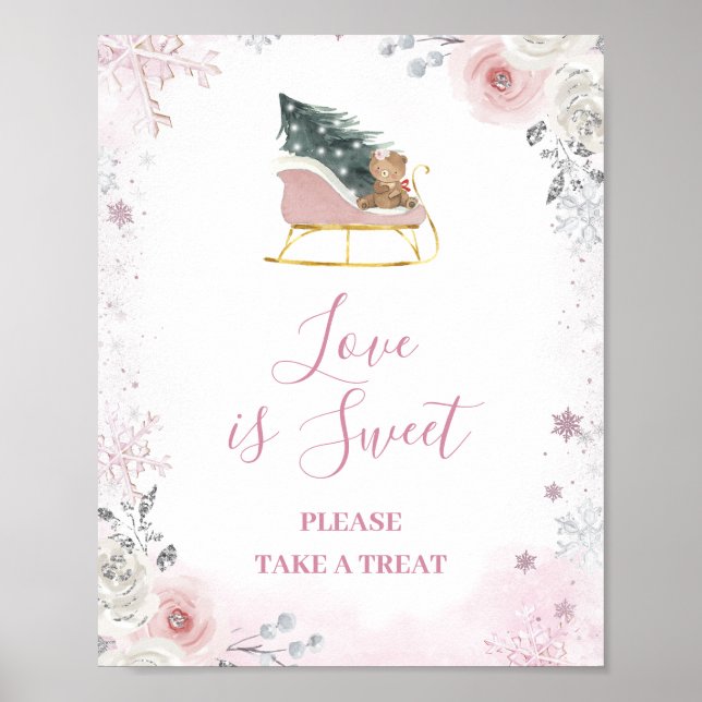 Winter Pastel Pink Snowflake Sleigh Love is Sweet Poster (Framsidan)