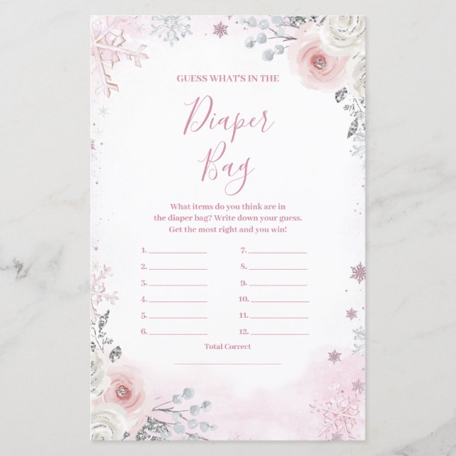 Winter Pastel Pink Snowflake What's in Diaper Bag (Framsida)