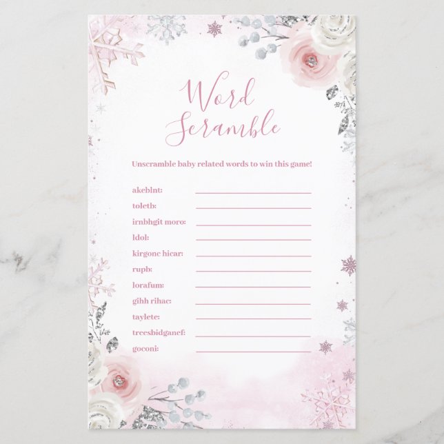 Winter Pastel Pink Snowflake Word Scramble Game (Framsida)