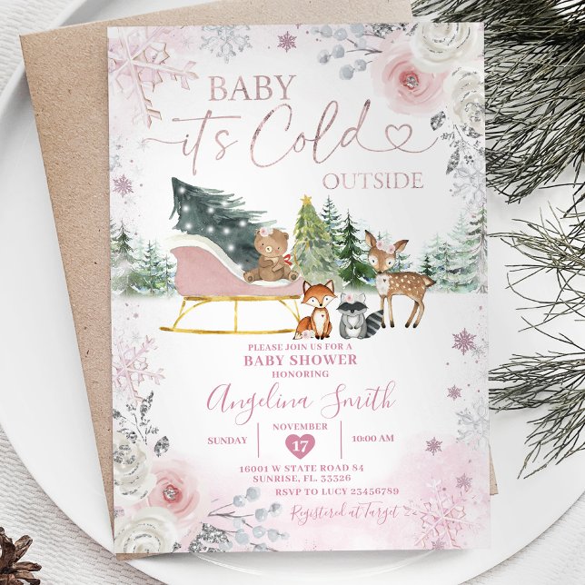 Winter Pastel Rosa Snowflake Sleigh Baby Shower Inbjudningar (Skapare uppladdad)