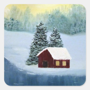 Winter Peace Landscape Fryst Cabin Scene Fyrkantigt Klistermärke