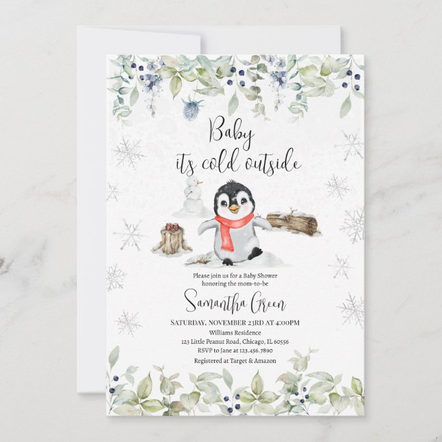 Winter Penguin Baby Shower Inbjudningar (Framsida)