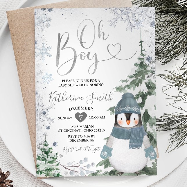 Winter Penguin Baby Shower Silver Snöflingor Inbjudningar (Skapare uppladdad)