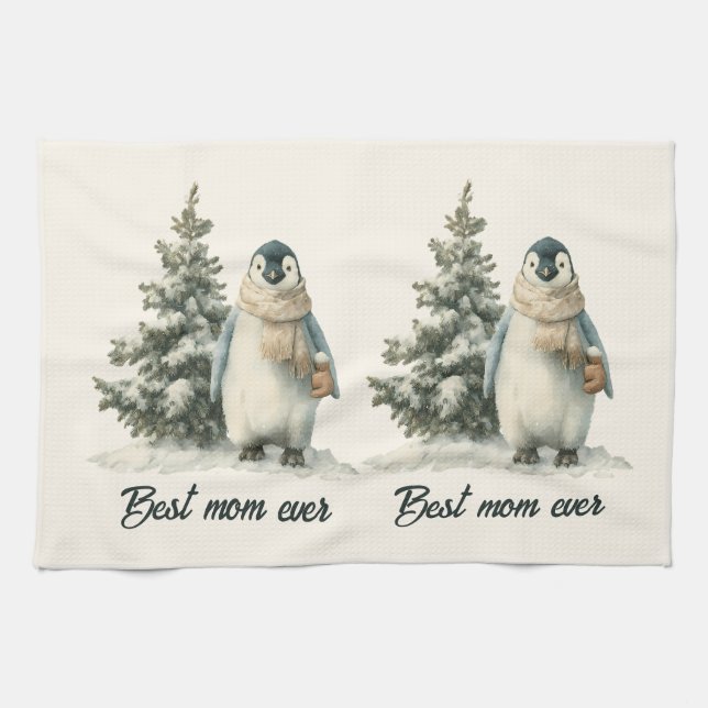 Winter Penguin “Best Mom Ever” Design Kökshandduk (Horisontell)