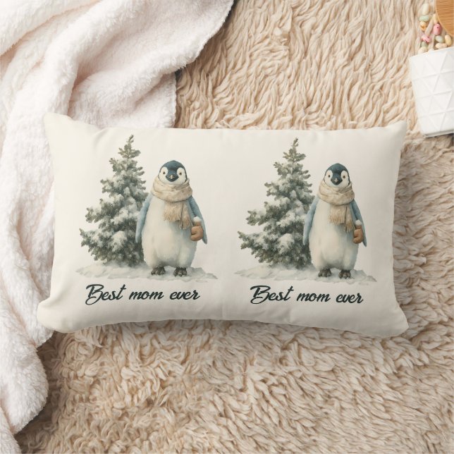Winter Penguin “Best Mom Ever” Design Lumbarkudde (Filt)