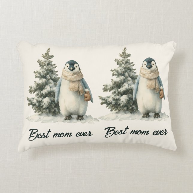 Winter Penguin “Best Mom Ever” Design Prydnadskudde (Framsidan)