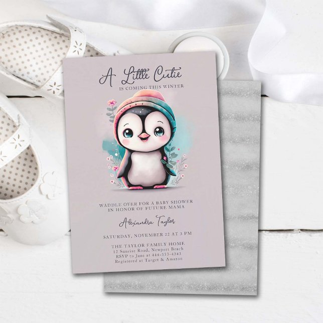 Winter Penguin Cutie Rosa Teal Girl Baby Shower Inbjudningar (penguin baby shower invitation cute adorable sweet character watercolor pink teal lilac winter cold)