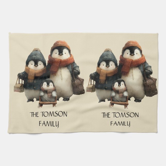 Winter Penguin Family Personalized Design Kökshandduk (Horisontell)
