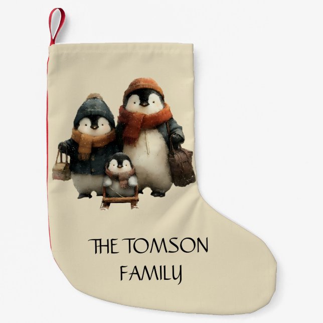Winter Penguin Family Personalized Design Liten Julstrumpa (Framsidan)