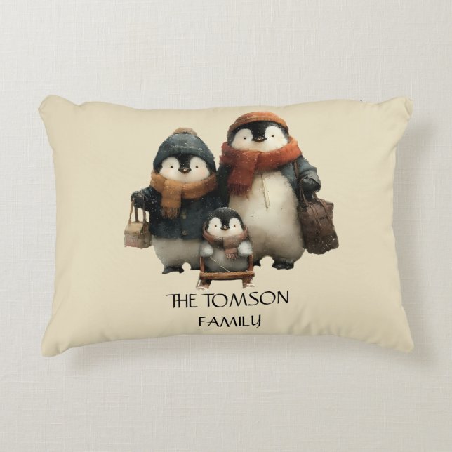 Winter Penguin Family Personalized Design Prydnadskudde (Framsidan)