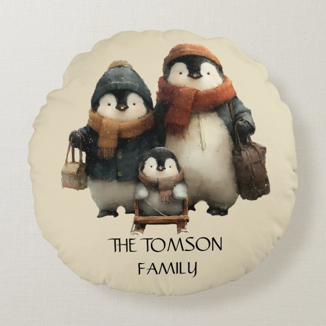 Winter Penguin Family Personalized Design Rund Kudde (Framsidan)