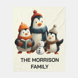 Winter Penguin Family with Snowman Fleecefilt