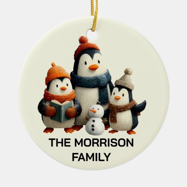 Winter Penguin Family with Snowman Julgransprydnad Keramik (Framsidan)