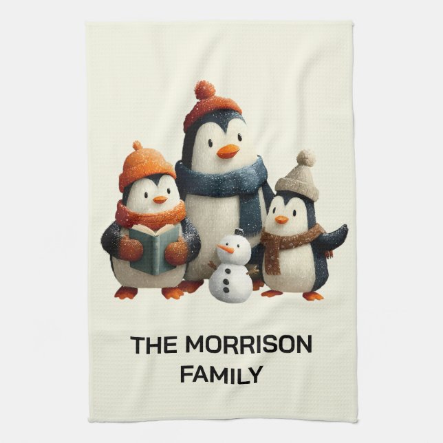 Winter Penguin Family with Snowman Kökshandduk (Vertikal)
