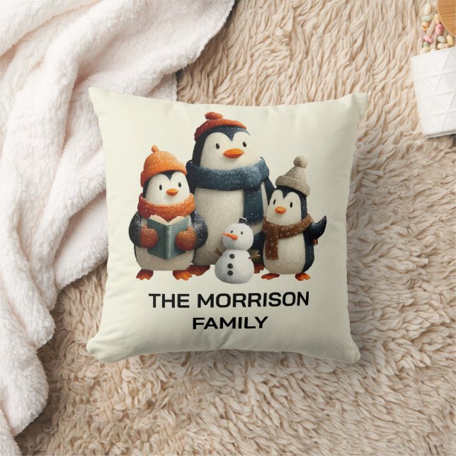 Winter Penguin Family with Snowman Kudde (Filt)