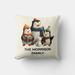 Winter Penguin Family with Snowman Kudde