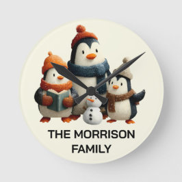 Winter Penguin Family with Snowman Rund Klocka