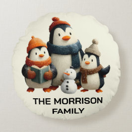 Winter Penguin Family with Snowman Rund Kudde