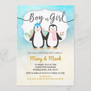 Winter Penguin Gender Reveal party Inbjudningar