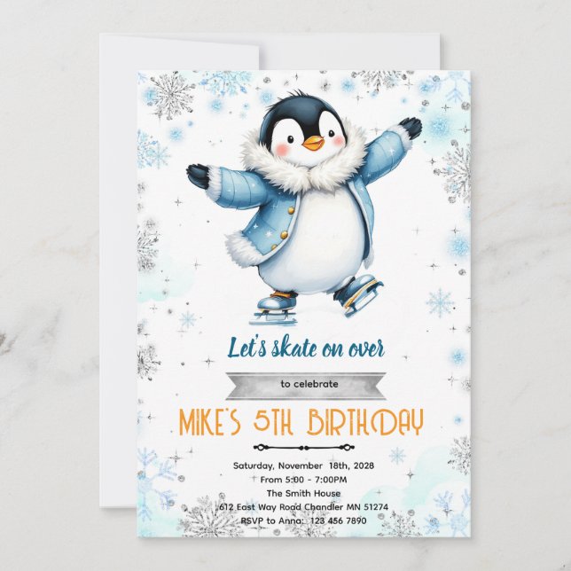 Winter penguin ice skate theme invite inbjudningar (Framsida)
