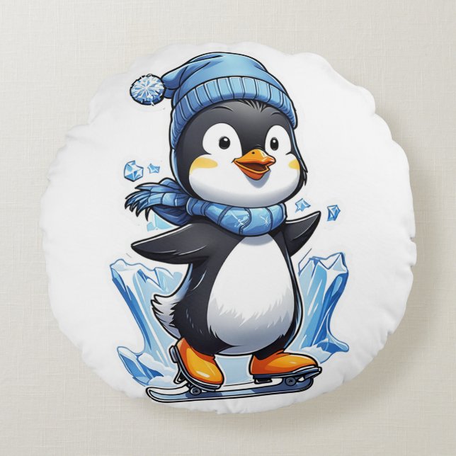 Winter Penguin Ice Staking Rund Kudde (Framsidan)