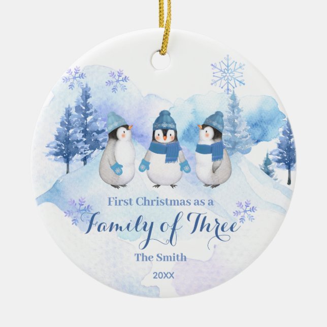 Winter Penguin-julen i Snö som familj av tre Julgransprydnad Keramik (Framsidan)