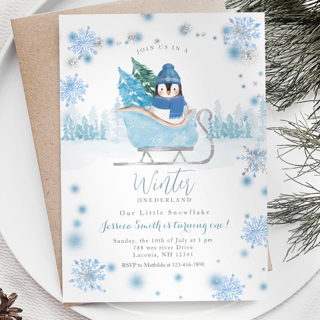Winter Penguin Onederland 1:a födelsedag snöflingo Inbjudningar (Skapare uppladdad)