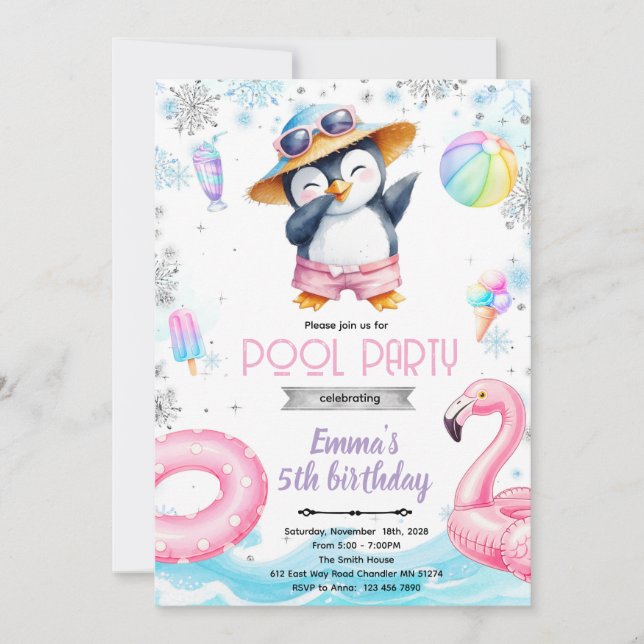 Winter penguin pool theme invitation inbjudningar (Framsida)