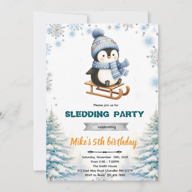 Winter penguin sledding invitation inbjudningar (Framsida)