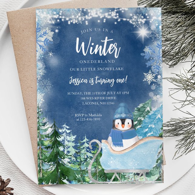 Winter Penguin Snöflingor Onederland 1:a årsdagen Inbjudningar (Skapare uppladdad)