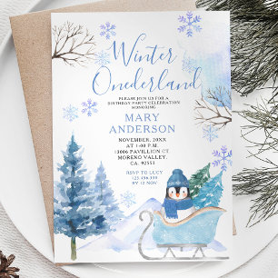 Winter Penguin Snöflingor Onederland 1:a födelseda Inbjudningar