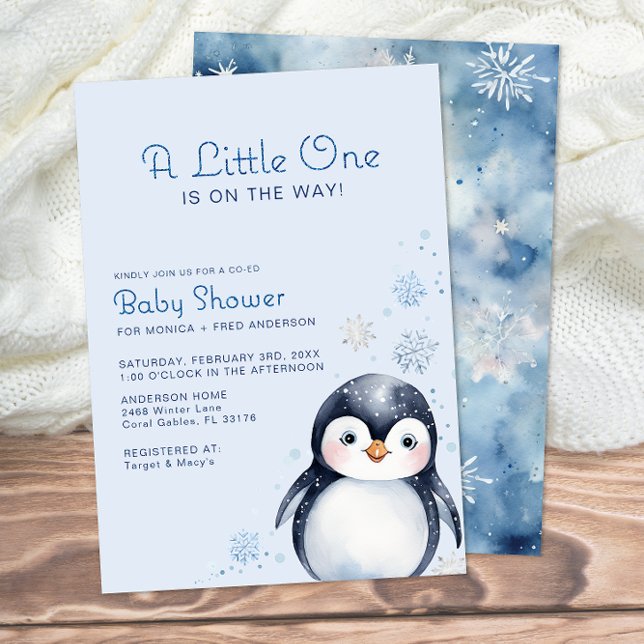 Winter Penguin Watercolor Baby Shower Inbjudan (Adorable Penguin Baby Shower Invite)