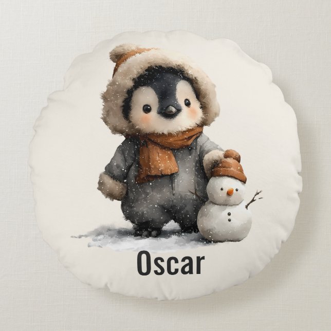 Winter Penguin with Snowman Design Rund Kudde (Framsidan)