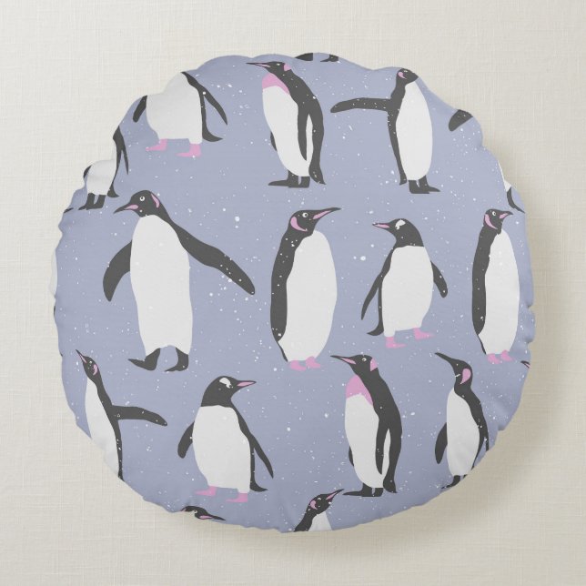 Winter Penguins sömlösa mönster + dina idéer Rund Kudde (Framsidan)