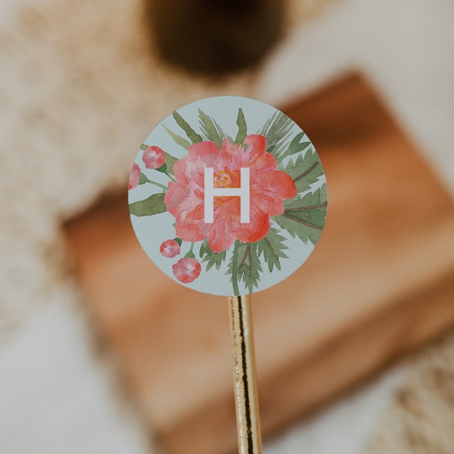 Winter Peony Monogram Runt Klistermärke (Skapare uppladdad)