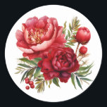 Winter Peony Stickers Runt Klistermärke<br><div class="desc">Sticker is shown in the round with a lovely deep pink-red peony floral watercolor print.  
Customize this item or buy as is.




Licensed Image</div>