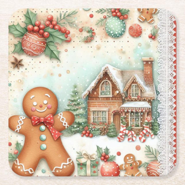 Winter Pepparkaksgubbe House Ornaments Underlägg Papper Kvadrat (Framsidan)