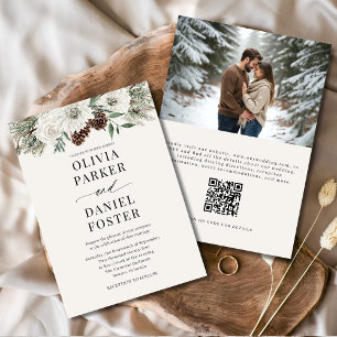 Winter Photo QR Code Elegant Evergreen Bröllop Inbjudningar