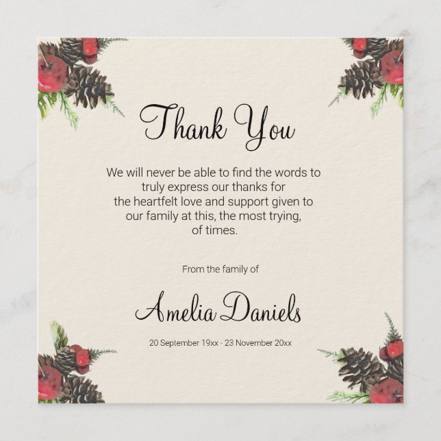 Winter Pine Cone and Berry Funeral Thank You Cards Inbjudningar (Framsida)