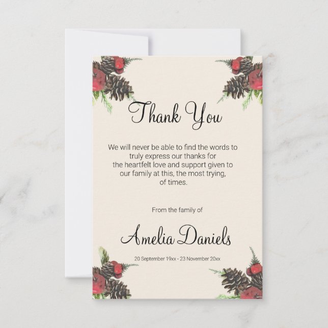 Winter Pine Cone and Berry Funeral Thank You Cards Tack Kort (Framsida)