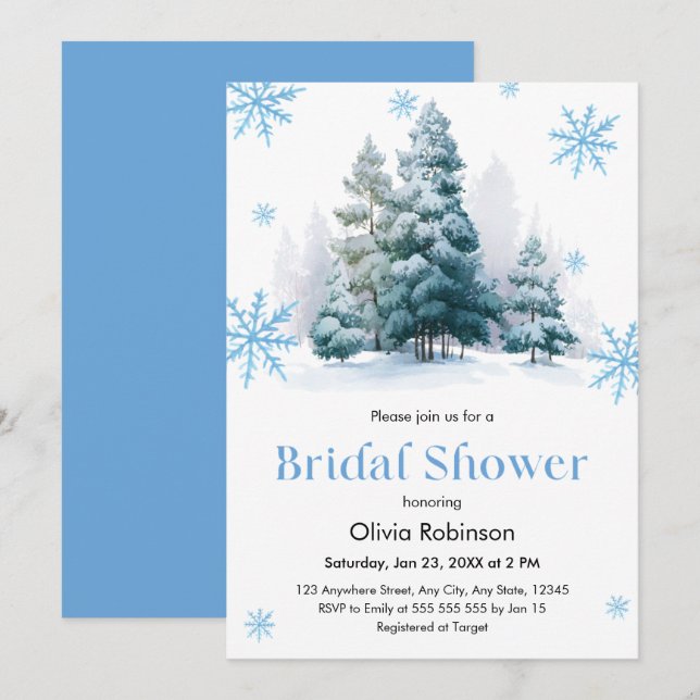 Winter Pine Trees Snowflakes Bridal Shower Inbjudningar (Fram/baksida)