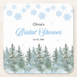 Winter Pine Trees Snowflakes Bridal Shower  Underlägg Papper Kvadrat