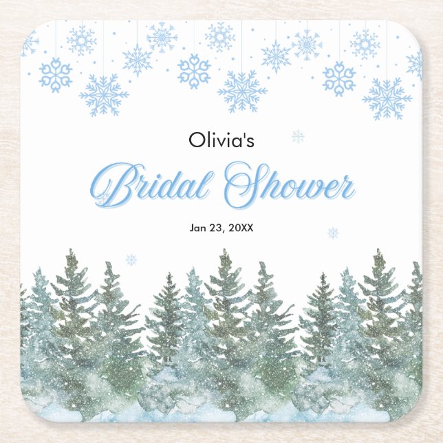 Winter Pine Trees Snowflakes Bridal Shower  Underlägg Papper Kvadrat (Framsidan)