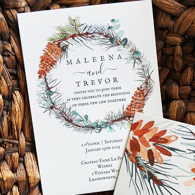 Winter Pinecone Wandeand, Eucalyptus Bröllop Inbjudningar (Pine Needle Wreath with Eucalyptus and Pinecones)